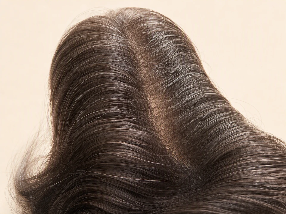 Vista cercana de la raya, la densidad y las tonalidades del cabello.