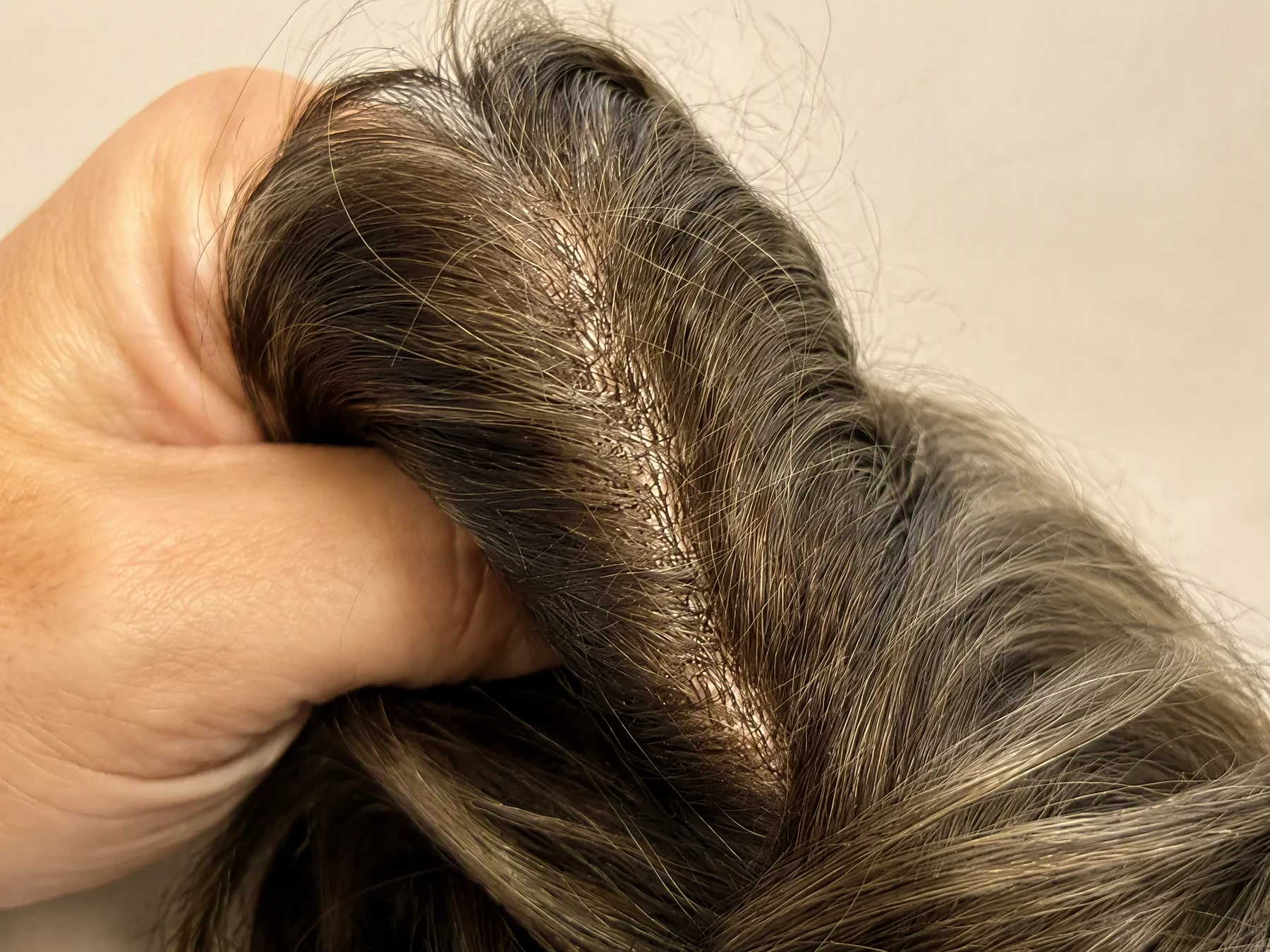 Primer plano de la raya, los nudos y la mezcla de canas.